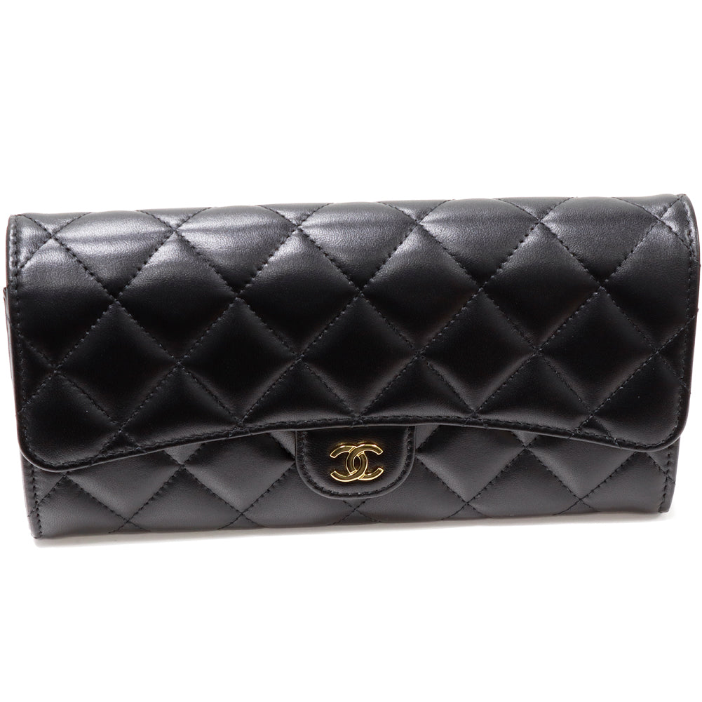 Chanel Lambskin Classic Flap Wallet Black Gold AP0241