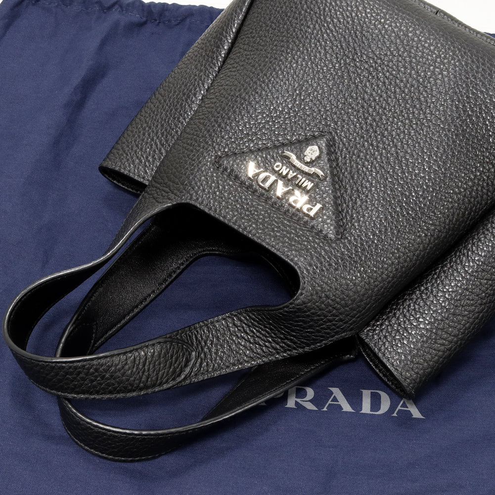 Prada Vitelodaino Leather Handbag Nero Black 1BA349 in Pristine Condition