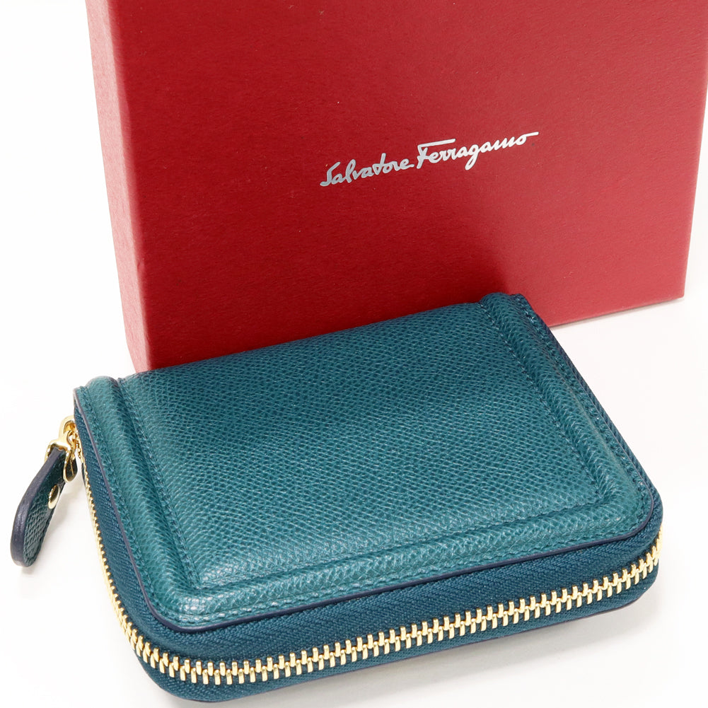 Salvatore Ferragamo Vara Calf Round Zip Bifold Wallet Cobalt Blue in Pristine Condition