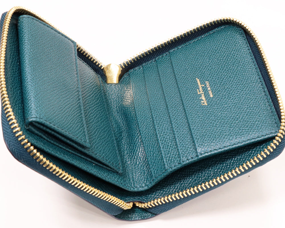 Salvatore Ferragamo Vara Calf Round Zip Bifold Wallet Cobalt Blue in Pristine Condition