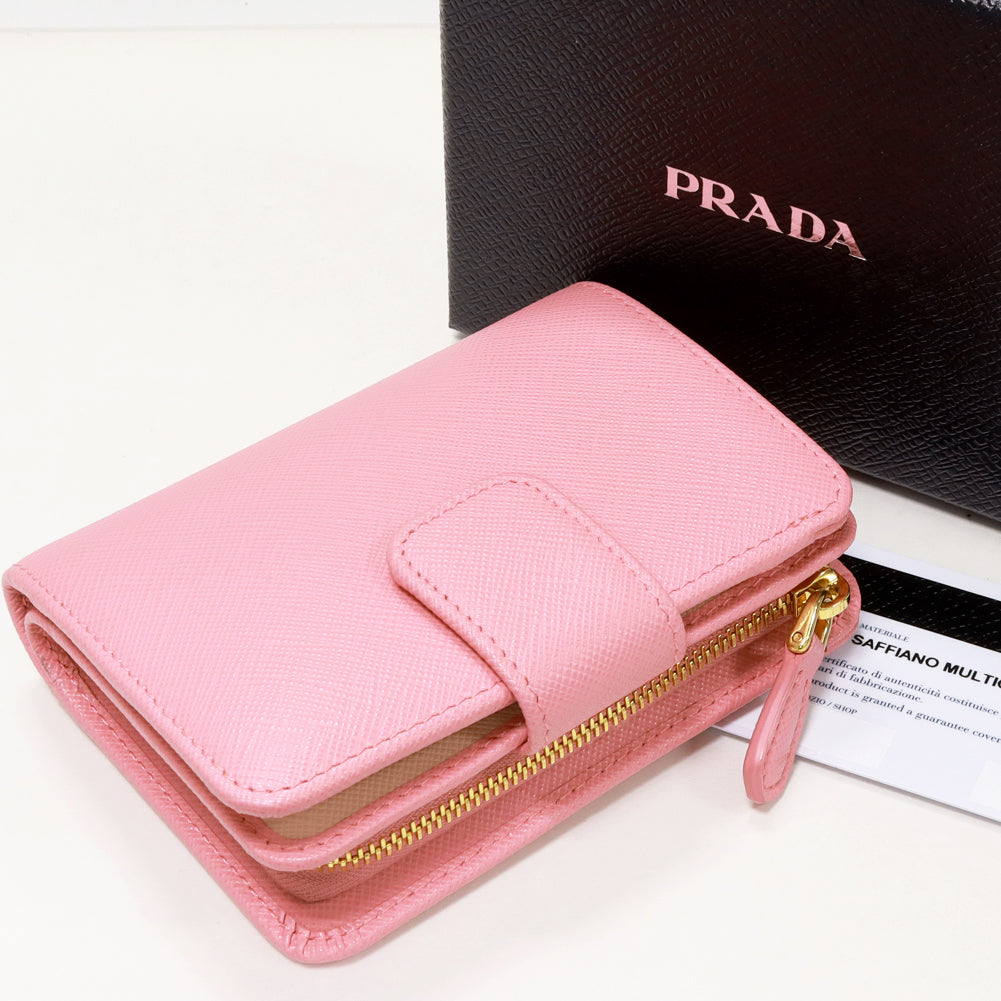 Prada Bifold Wallet Saffiano Leather Pink Beige 1ML018 in Pristine Condition