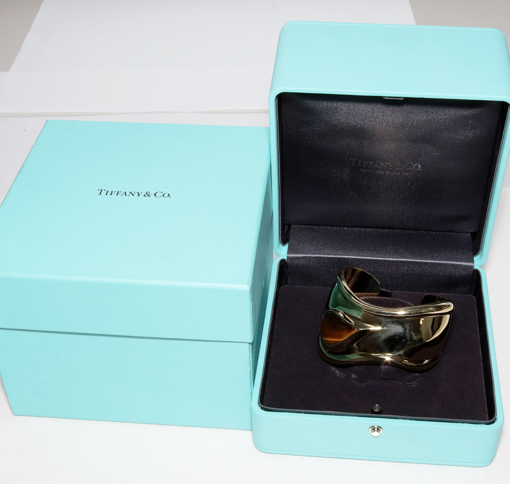 Tiffany K18YG Tiger Eye Elsa Peretti Bone Cuff Bangle