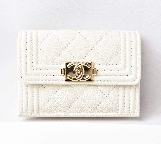 Chanel Caviar Skin Boy Chanel Mini Wallet Off White Gold in Excellent Condition