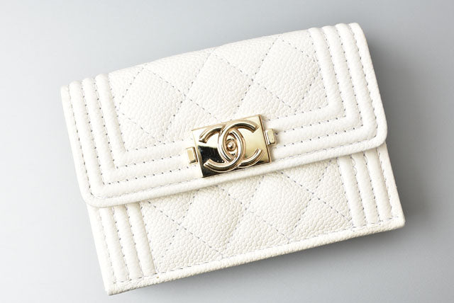 Chanel Caviar Skin Boy Chanel Mini Wallet Off White Gold in Excellent Condition