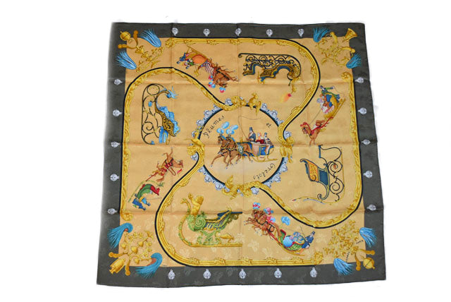 Hermes 100% Silk Scarf 88x88cm Horse Motif Gold/Green 24020218-h in Pristine Condition