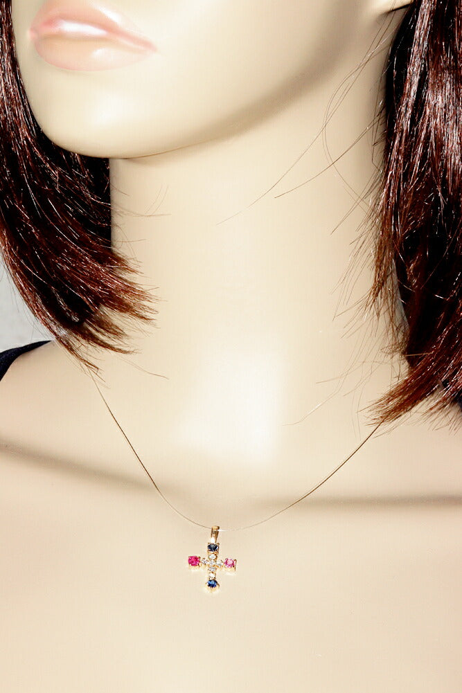 K18YG Ruby Sapphire Diamond Cross Pendant