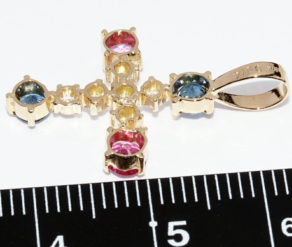 K18YG Ruby Sapphire Diamond Cross Pendant