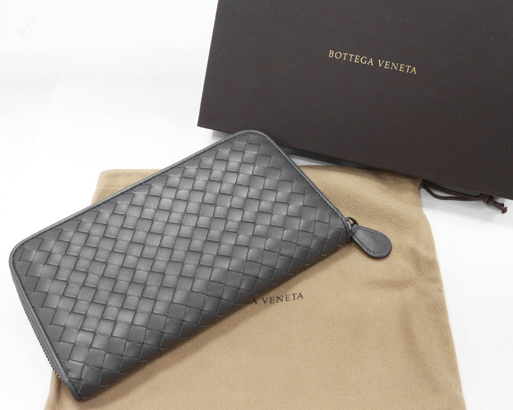 Bottega Veneta Intrecciato Zip Around Wallet Calf Gray