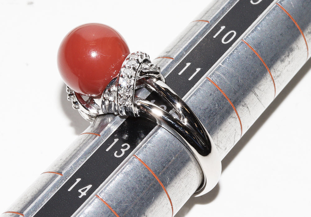 Pt900 Coral Diamond Ring in Great Condition