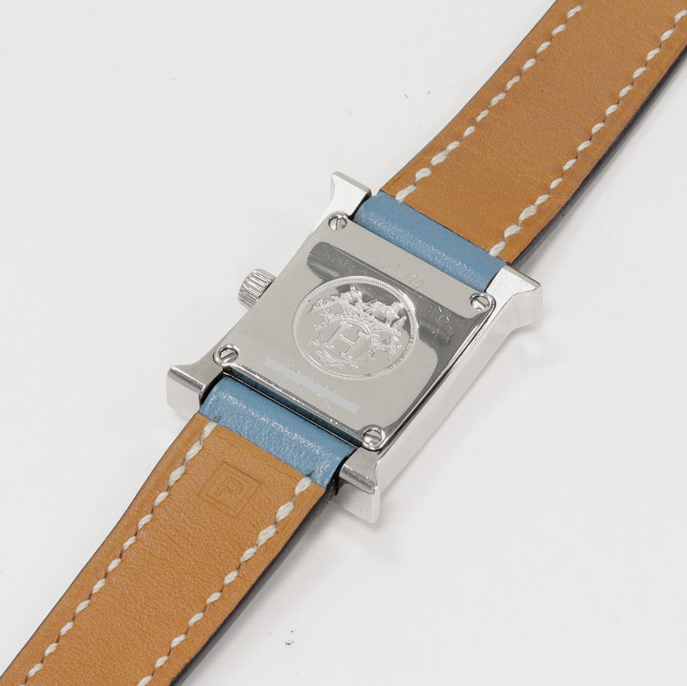 Hermes H Watch Mini HH1.110 Stainless Steel Quartz Blue Leather in Great Condition