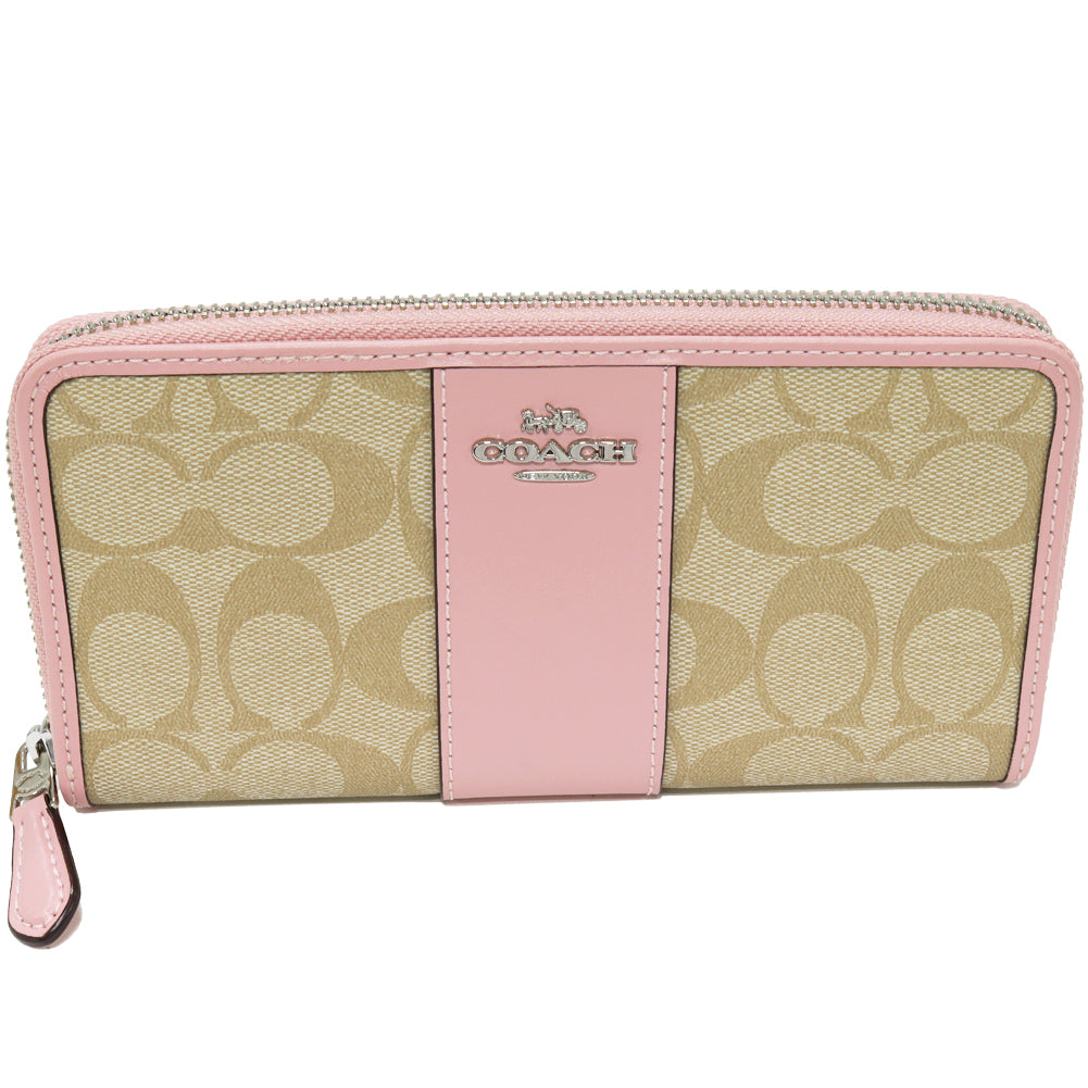 Coach Signature Accordion Zip Wallet Beige x Pink F54630 in Pristine Condition