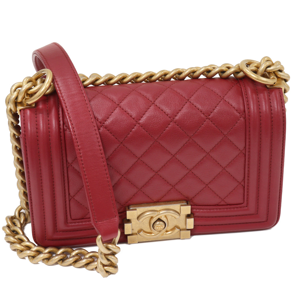 Chanel Boy Chain Shoulder Bag Lambskin Red A67085 in Great Condition