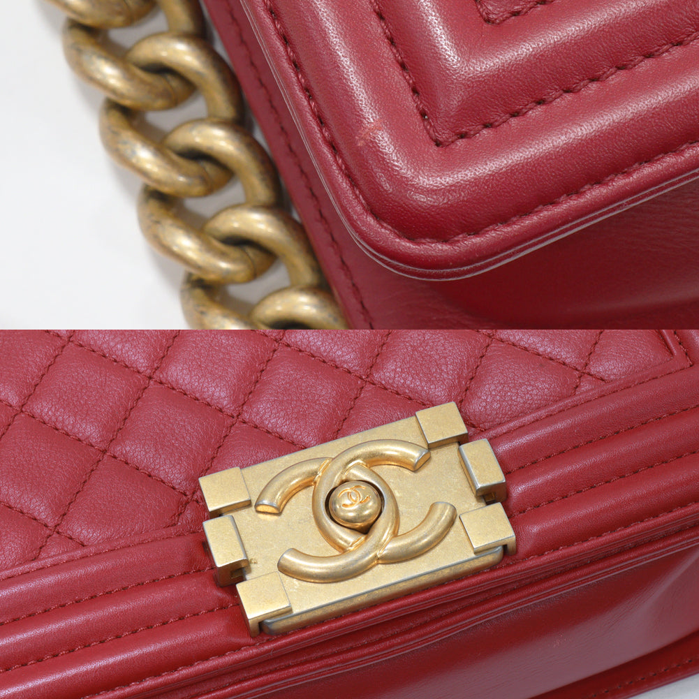 Chanel Boy Chain Shoulder Bag Lambskin Red A67085 in Great Condition