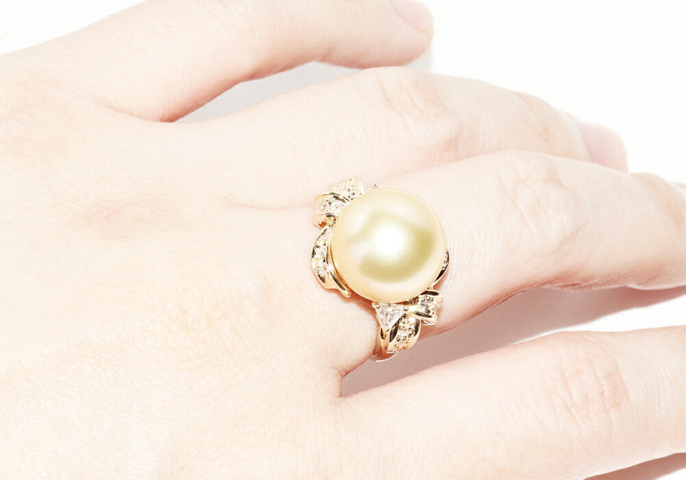 K18YG Yellow Gold Pearl 13mm Diamond 0.36ct Ring