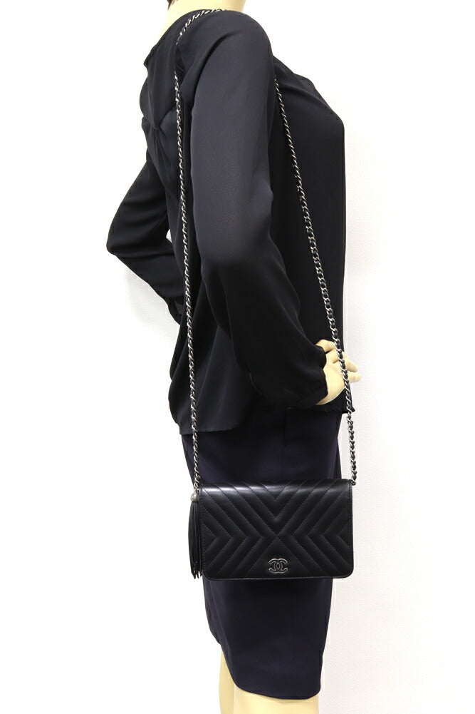 Chanel Lambskin Chain Shoulder Bag Chevron Fringe