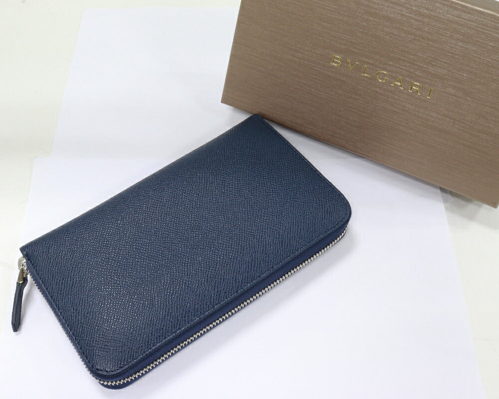 Bvlgari Grain Leather Zip Wallet Navy