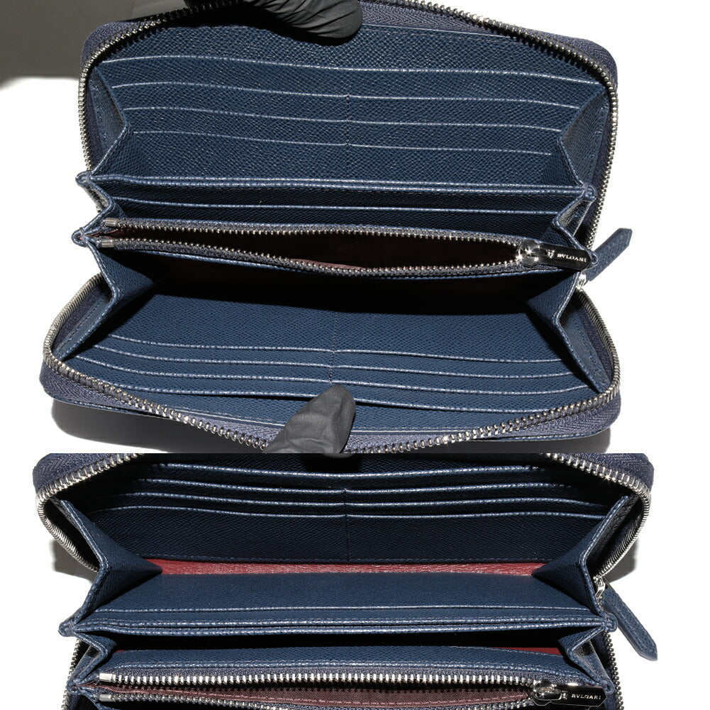 Bvlgari Grain Leather Zip Wallet Navy