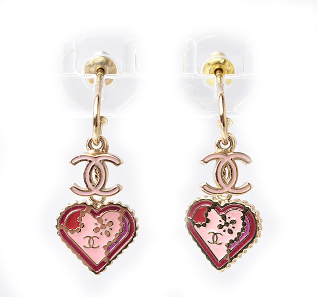 Chanel Swing Earrings CC Mark Heart Motif Pink Gold in Great Condition