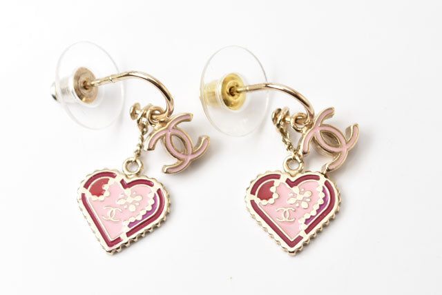 Chanel Swing Earrings CC Mark Heart Motif Pink Gold in Great Condition