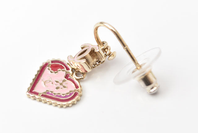 Chanel Swing Earrings CC Mark Heart Motif Pink Gold in Great Condition