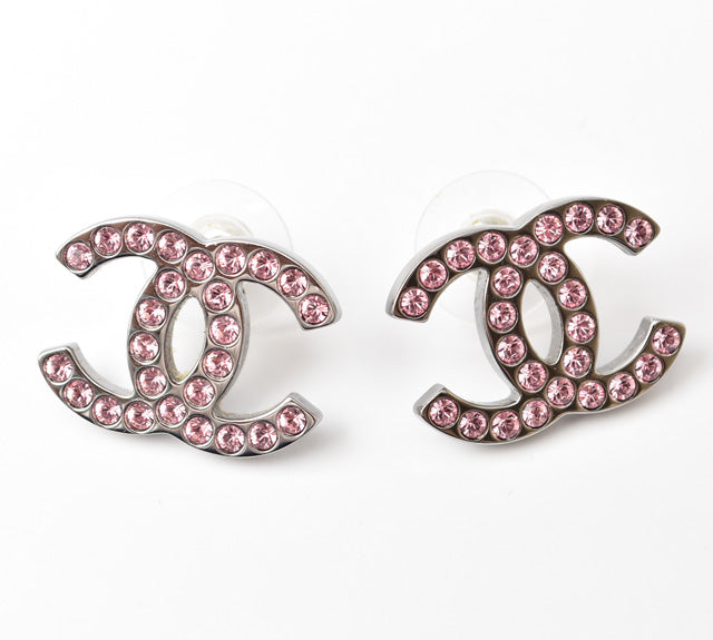 Chanel Silver/Rose Rhinestone Earrings CC Mark