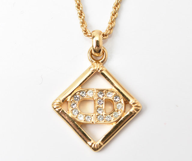 Christian Dior Vintage Necklace with CD Logo and Rhinestones, Gold, 42-47cm in Great Condition