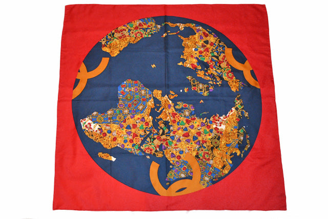 Chanel Silk Scarf World Map Jewel Motif Red in Great Condition