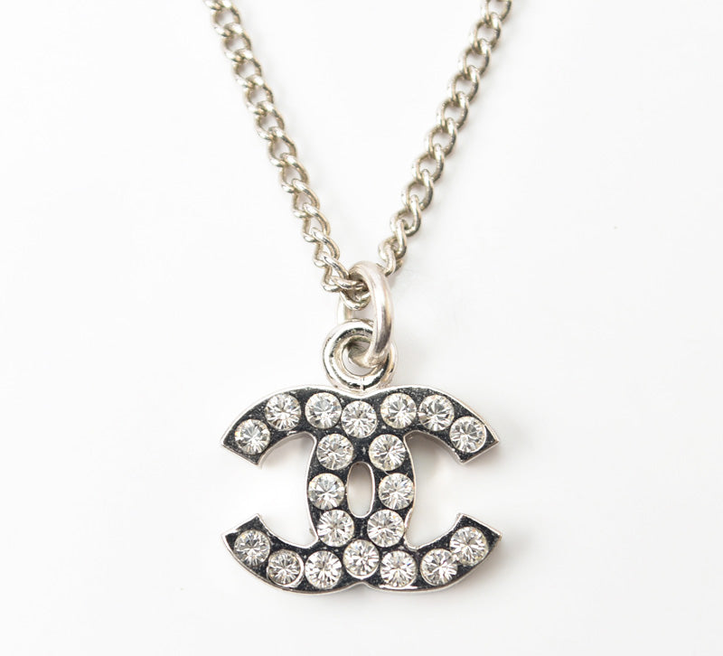 Chanel Necklace/Pendant with Rhinestones, Silver/White, 42cm