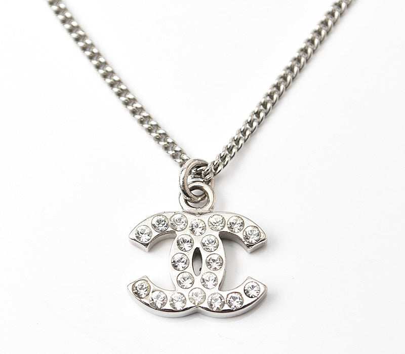 Chanel Necklace/Pendant, Metal, Rhinestone, Silver/White, W1.4×H1.1, 42 in Great Condition