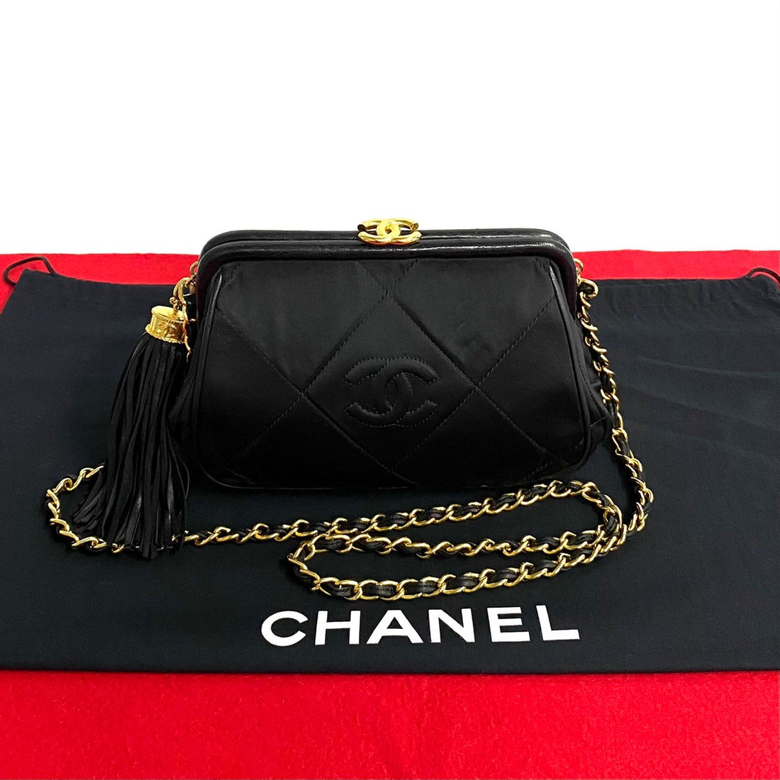 Chanel CC Satin Quilted Tassel Frame Crossbody Canvas Crossbody Bag