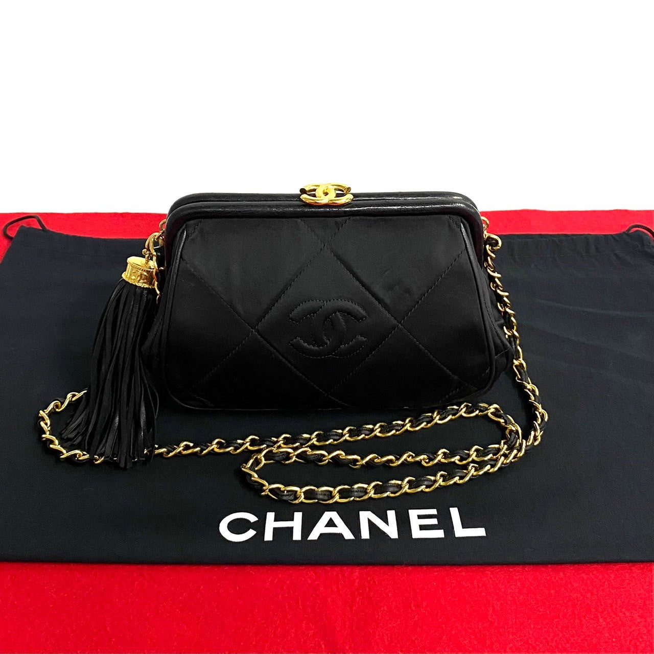 Chanel CC Satin Quilted Tassel Frame Crossbody Canvas Crossbody Bag in Good condition