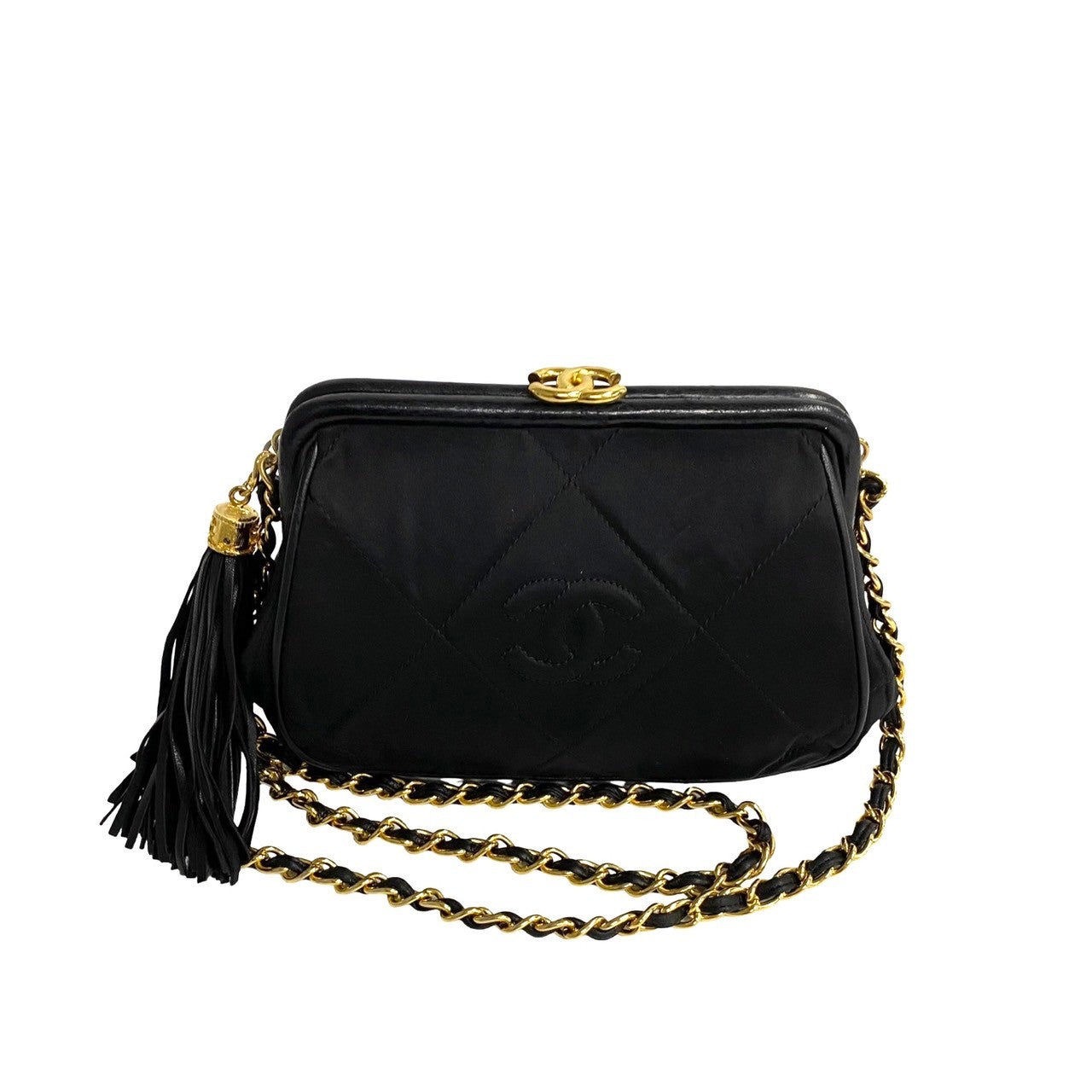 Chanel CC Satin Quilted Tassel Frame Crossbody Canvas Crossbody Bag in Good condition
