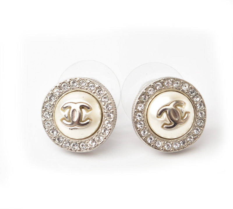 Chanel CC Circle Rhinestone Silver Earrings in Great Condition