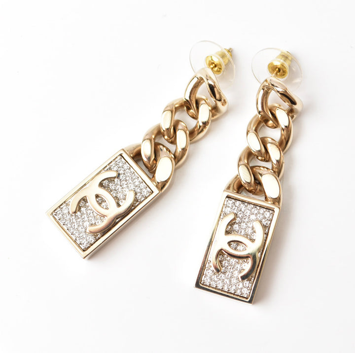 Chanel Swing Earrings CC Mark Rhinestone Champagne Gold