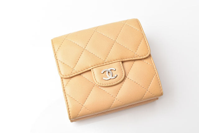 Chanel Lambskin Trifold Wallet A82288 Beige/Silver in Great Condition