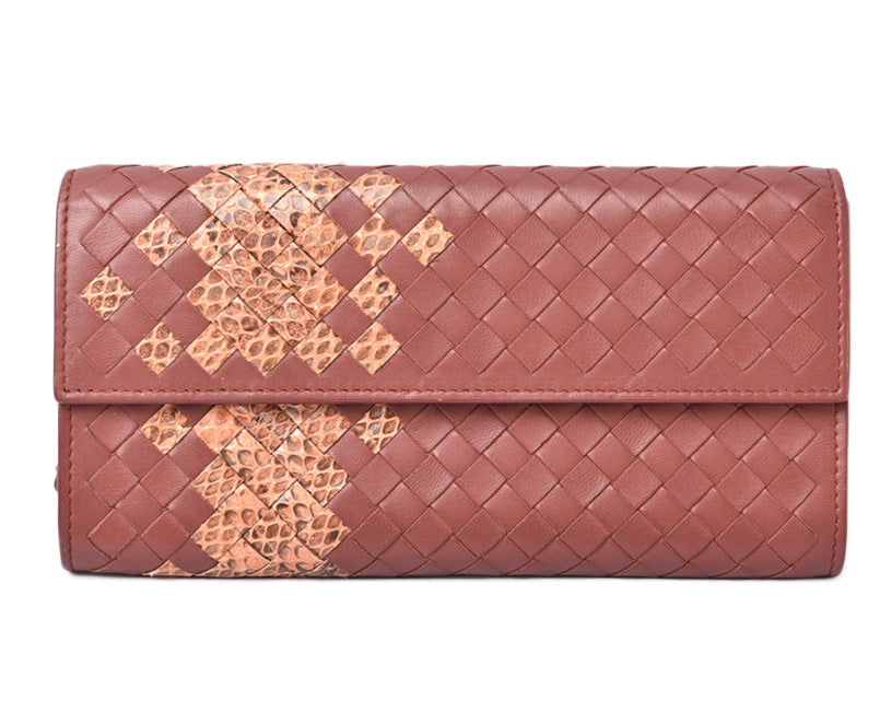 Bottega Veneta Leather Python Long Wallet Intrecciato Brown Beige in Great Condition