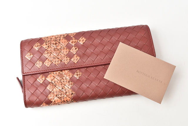 Bottega Veneta Leather Python Long Wallet Intrecciato Brown Beige in Great Condition