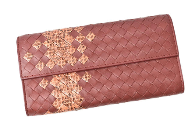 Bottega Veneta Leather Python Long Wallet Intrecciato Brown Beige in Great Condition