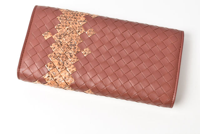 Bottega Veneta Leather Python Long Wallet Intrecciato Brown Beige in Great Condition