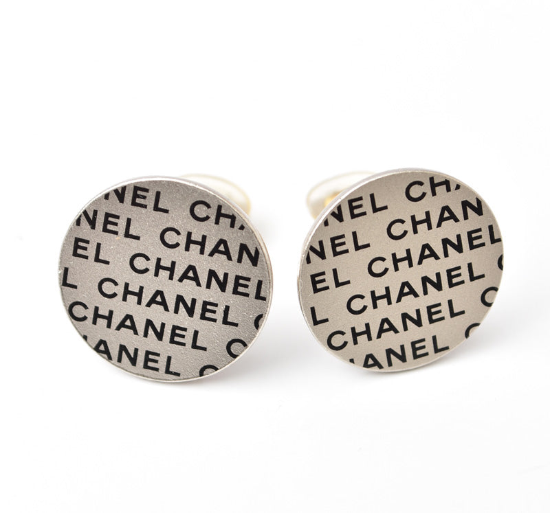 Chanel Silver Logo Print Round Plate Earrings in Great Condition