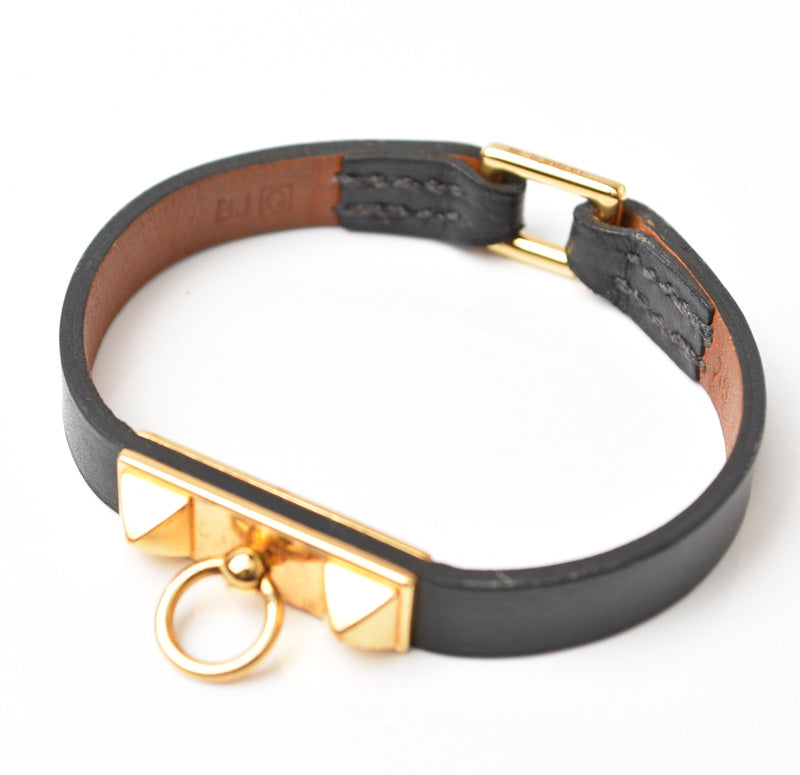 Hermes Micro Rivale Leather Bracelet XS Black/Gold in Excellent Condition