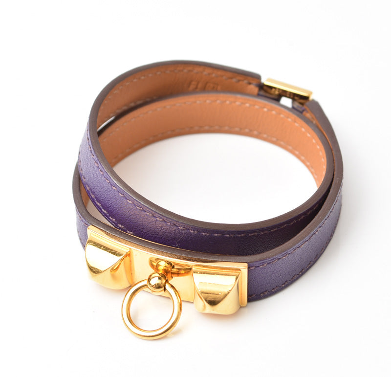 Hermes Leather Rivale Double Tour Bracelet Purple/Gold