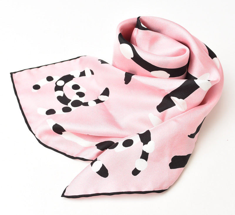 Chanel Silk Handkerchief Scarf Coco Mark Pink/Black/White in Great Condition