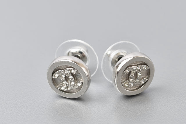 Chanel CC Circle Rhinestone Silver Earrings