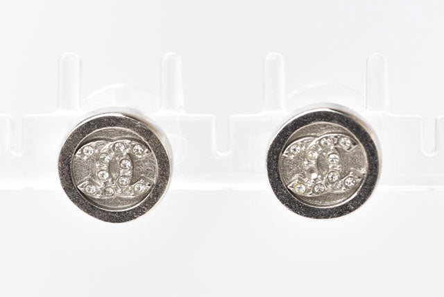 Chanel CC Circle Rhinestone Silver Earrings