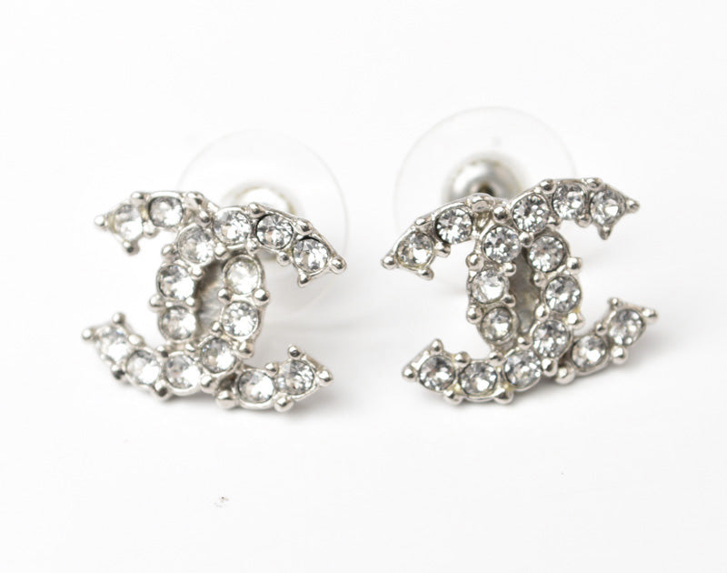 Chanel Metal Rhinestone CC Mark Silver Earrings in Great Condition