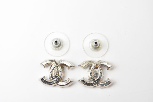 Chanel Metal Rhinestone CC Mark Silver Earrings in Great Condition