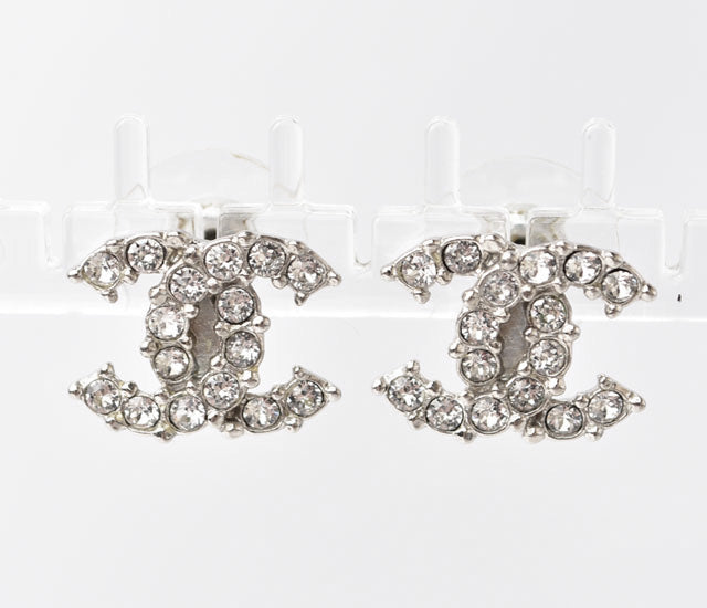 Chanel Metal Rhinestone CC Mark Silver Earrings in Great Condition