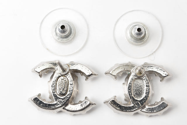 Chanel Metal Rhinestone CC Mark Silver Earrings in Great Condition