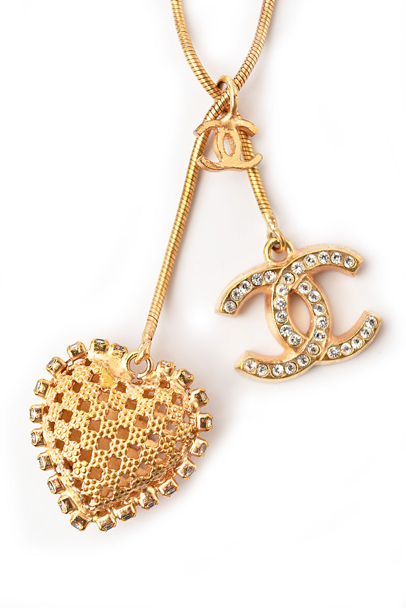 Chanel Necklace/Pendant Long CC Heart Rhinestone Gold in Great Condition